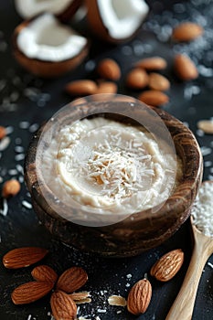 Creamy Rice Pudding Topped with Almonds and Cinnamon in a White Bowl