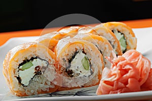 Creamy salmon sushi closeup