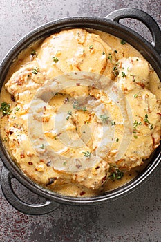 Creamy smothered pork chops seared and cooked in a rich onion gravy closeup on the pan. Vertical top view
