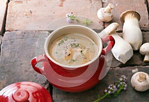 Creamy soup with fresh mushrooms