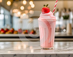 A creamy strawberry milkshake, garnished with a fresh berry, served in a modern ice cream parlor