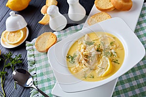 Creamy summer greek chicken soup, close-up