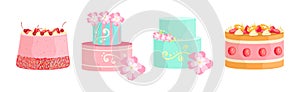 Creamy Tier Cake with Top Decoration Vector Set