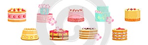 Creamy Tier Cake with Top Decoration Vector Set