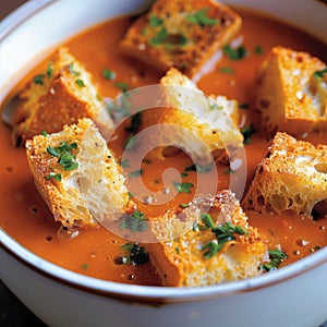 Creamy tomato soup with croutons
