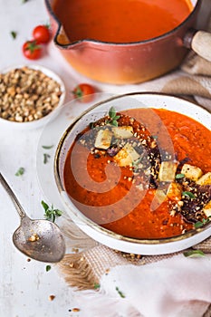 Creamy Tomato Soup with Halloumi Cheese, Dukkah Spice and Origano