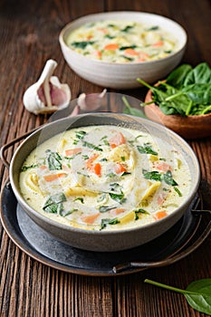 Creamy Tortellini pasta soup with spinach, celery, carrot and chicken broth