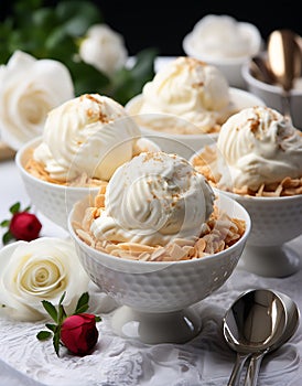 Creamy vanilla ice cream with whipped cream in white bowls