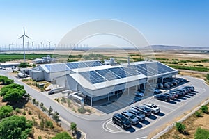 Crean energy solar cell on roof and Wind Turbine, mega factory, Generate with Ai