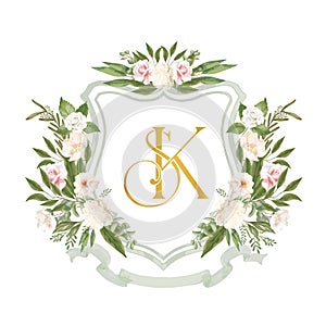 SK, KS initial wedding crest logo monogram