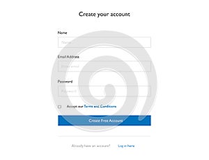 Create account form. Template of registration window. Mockup login screen for new members with name, email and password fields.