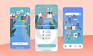 Create Account, Handyman Service Mobile App Page Onboard Screen Template. Characters Fixing Home Appliances, Using Tools