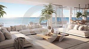 Create an airy and contemporary oceanfront living room with a white sectional sofa, glass coffee tables, and a balcony that