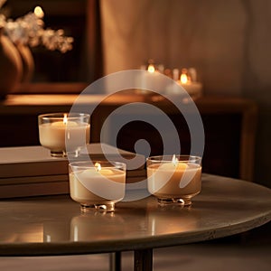 Create an alluring lowangle view showcasing a cluster of elegant candles, casting warm, flickering light Highlight the intricate