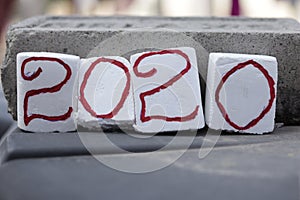 Create 2020 with almonds and flowers on pink background