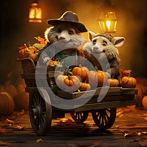 Create an animation featuring a donkey hauling a cart brimming with Halloween pumpkins