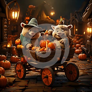 Create an animation featuring a donkey hauling a cart brimming with Halloween pumpkins