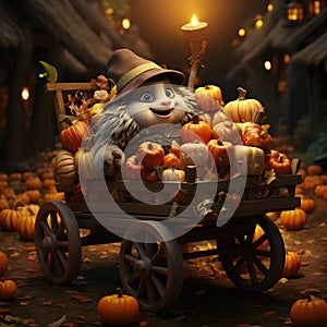 Create an animation featuring a donkey hauling a cart brimming with Halloween pumpkins