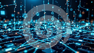 create an artistic representation of a nighttime network or digital munication infrastructure using geometric shapes