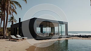 Create a black villa by the sea with a lot of glasses and a beach