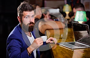 Create content web blog. Manager create post enjoy coffee. Hipster freelancer work online drinking coffee. Man bearded