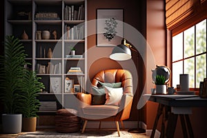 Create a Cozy Reading Nook in Your Office with Comfy Chair, Lamp, Bookcase, and Warm Room Colors Enhanced by Natural Daylight.