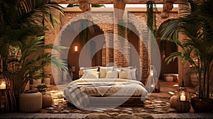 Create a desert oasis luxury bedroom with earthy tones, Moroccan-style decor, and a private courtyard with a soothing fountain