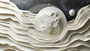 Create a detailed paper cut design showing Pluto and its moon Charon, emphasizing their unique relationship and surface features