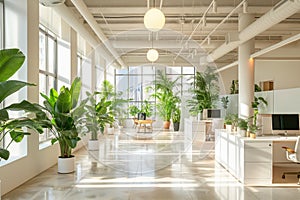 Create detailed photo a high-key lit, radiant open office space with large windows allowing a flood of gentle daylight