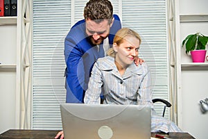 Create greater safety and trust. Sexual harassment at work. Man and woman colleagues flirt in office. Recognize pursuer