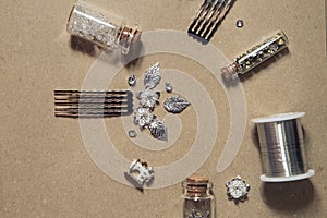 Create handmade jewelry. Accessories for manufacturing costume jewelry. Combs, glass beads, metal elements, wire