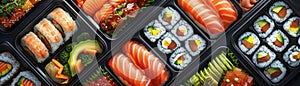 Create an illustration of a traditional Japanese bento box featuring a variety of colorful and neatly arranged dishes photo