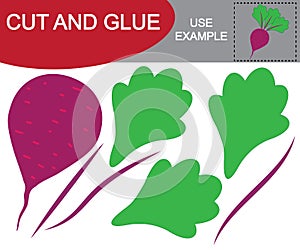 Create the image of beet vegetable using scissors and glue. Educational game for children. Vector illustration.