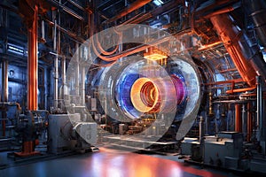 Create an image of a cutting-edge fusion reactor interior, showcasing the complex machinery and superheated plasm photo