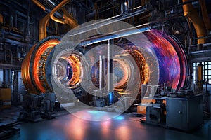 An image of a cutting-edge fusion reactor interior, showcasing the complex machinery and superheated plasma with vibrant photo