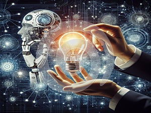 Hands of robot and human touch on big data network