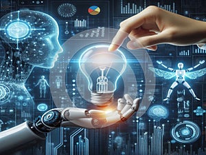 Hands of robot and human touch on big data network