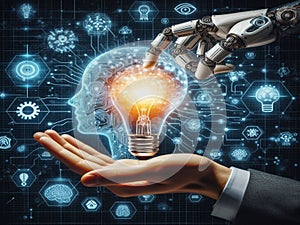 Hands of robot and human touch on big data network