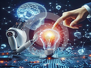 Hands of robot and human touch on big data network