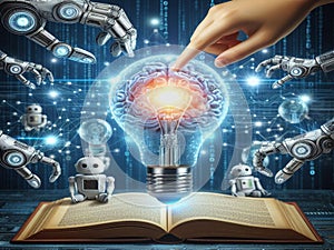 Hands of robot and human touch on big data network