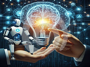 Hands of robot and human touch on big data network