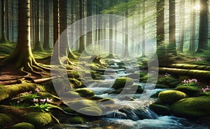 Spring background Stream of water in the forest