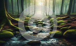 Spring background Stream of water in the forest