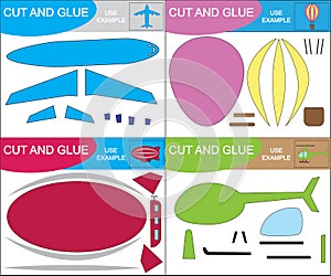 Create the images of air transports. Cut and glue, paper game for kids. Vector illustration