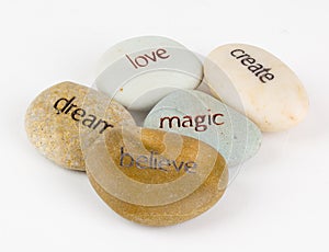 Create, magic, believe, dream, and love stones