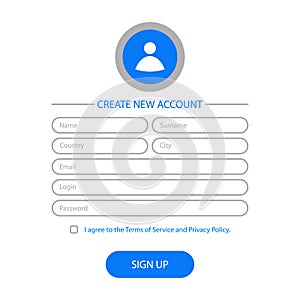 Create new account - web form design. Website user interface for registration page. Template for UI, GUI and UX. Vector.