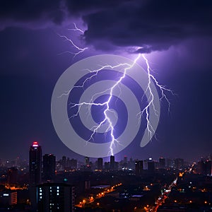 a nighttime cityscape featuring a dramatic lightning storm
