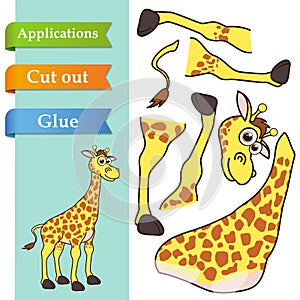 Create paper application the cartoon fun Giraffe. Use scissors cut parts of Giraffe and glue on paper. Education logic game