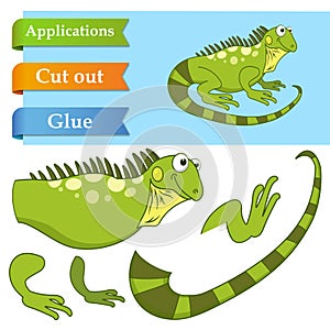 Create paper application the cartoon fun Iguana. Use scissors cut parts of Lizard and glue on the paper. Education logic game