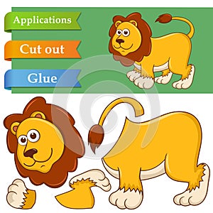 Create paper application the cartoon fun Lioness. Use scissors cut parts of Lion and glue on the paper. Education logic game